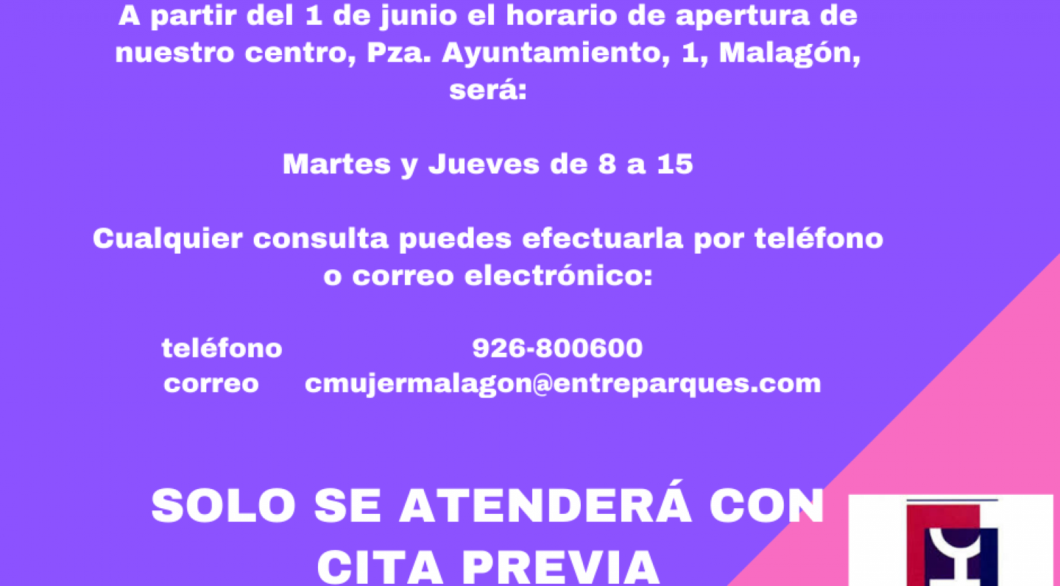 Horario de atención presencial en el mes de junio Centro Mujer Malagón