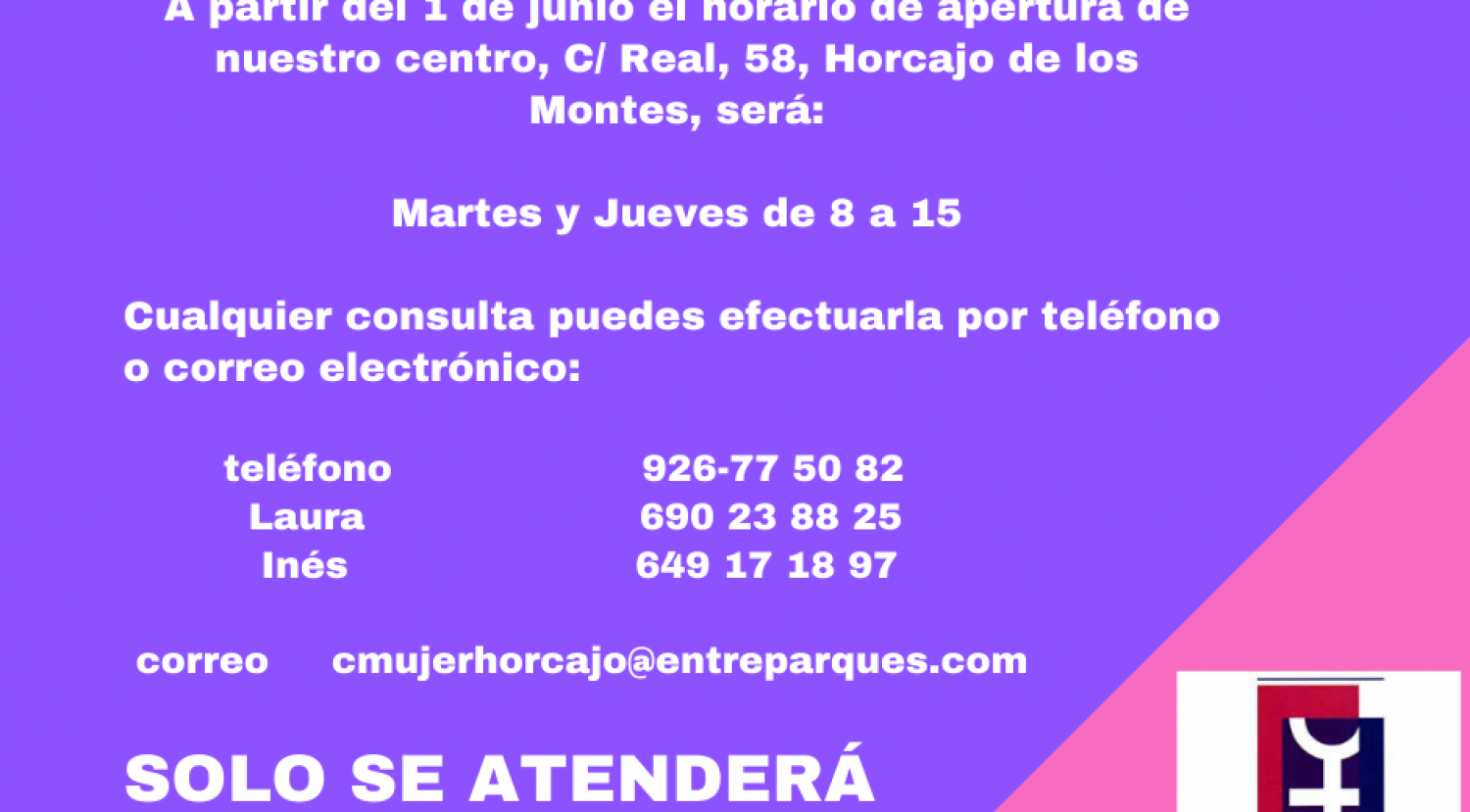 Horario de atención presencial en el Centro de la Mujer de Horcajo en junio